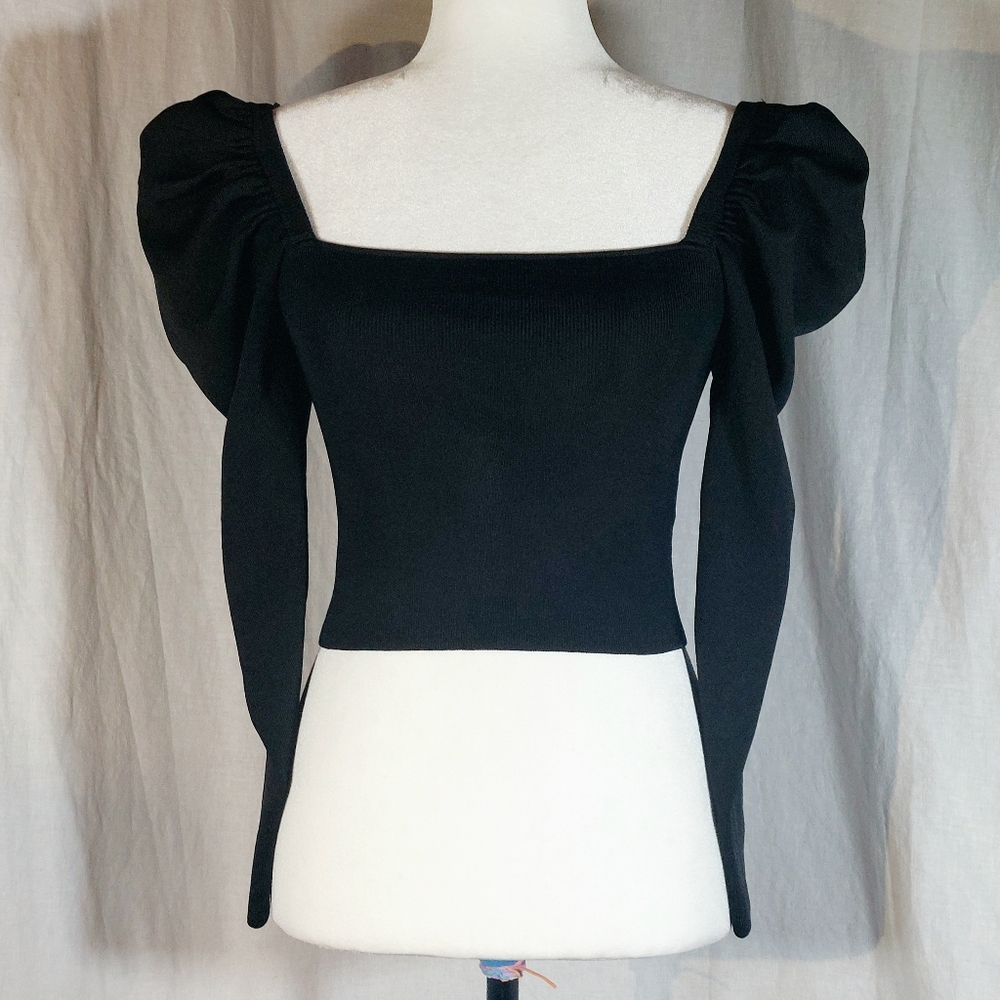 Zara black puff-sleeve square neck top, M, NWT